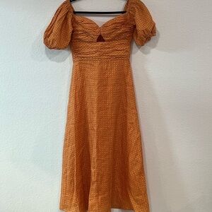 Peony Chic Orange Midi Dress with Puff Sleeves